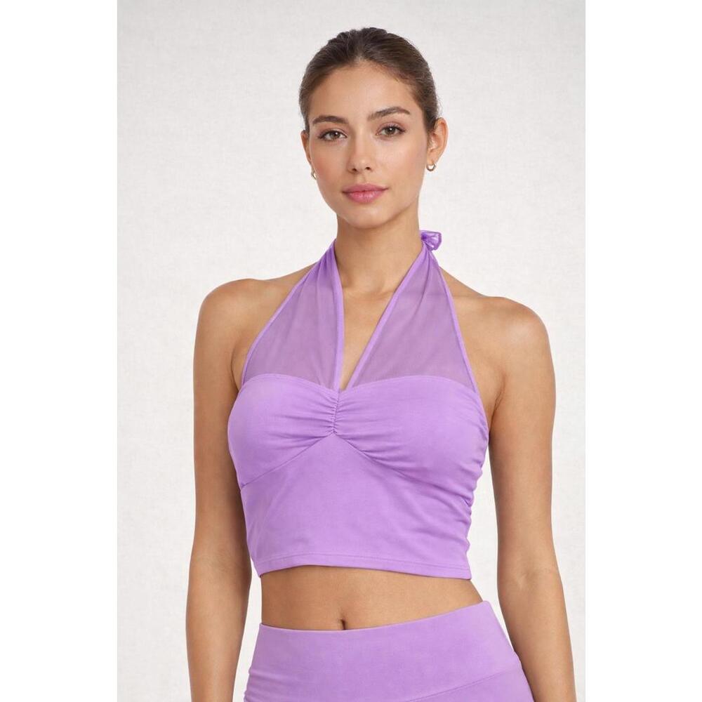 NWT Halara Purple Mesh Halter Bandeau Crop Top Ruched Front Size XL
